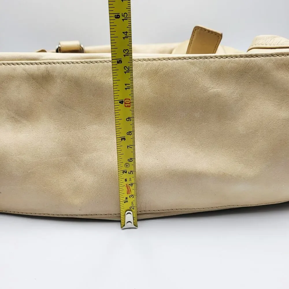 Club Monaco Beige 100% Leather Slouchy Satchel Handbag Gathered Side Detail